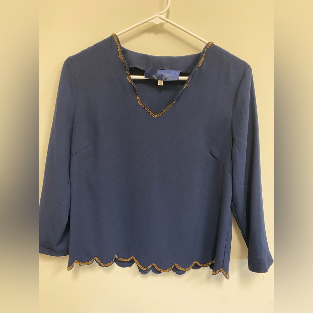 Navy Blue sheer top with Gold Beads